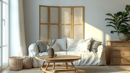 Aufkleber - Light living room with folding screen comfortable sofa coffee table and chest of drawers : Generative AI