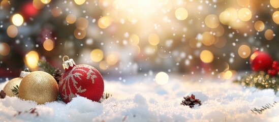 Poster - Festive Christmas card featuring decorations in snow against a blurry bokeh backdrop with ample copy space for your holiday messages