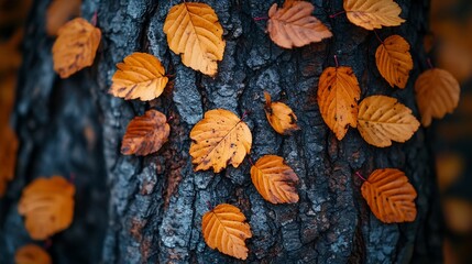 image of autumn leaves close up over tree trunk background : Generative AI