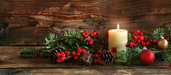 Leinwandbilder - Festive Christmas arrangement featuring a glowing white candle red berries ornaments pine branches and leaves on a wooden backdrop with room for text or images. Creative banner. Copyspace image
