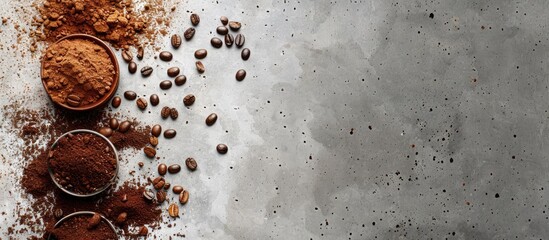 Aufkleber - Copy space image featuring ingredients for a caffeine infused drink like coffee beans ground and instant coffee set against a light concrete backdrop for a banner