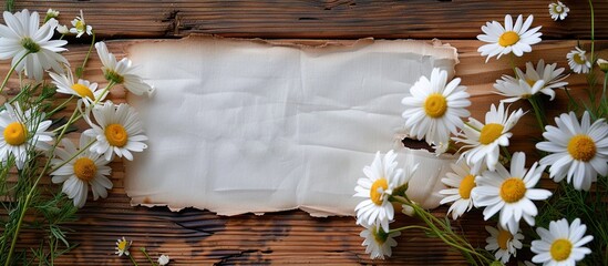 Poster - A wooden background hosts a bouquet of daisies with a white blank sheet evoking cleanliness fragrance and skincare Perfect for a copy space image