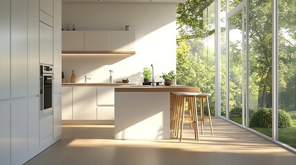 Poster - Furnished kitchen on one of the walls with white furniture integrated white appliances high stools on one side and a light woodcolored countertop and a white aluminum window : Generative AI