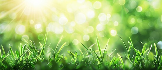 Wall Mural - Spring grass in vibrant green hues with sunlight filtering through providing space for text or images amid a softly blurred natural backdrop for banners. Creative banner. Copyspace image