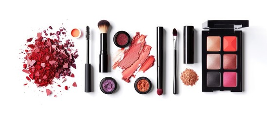 Poster - Top view copy space image of an eyeshadow palette rouge powder brushes and lipstick arranged on a white background for makeup display