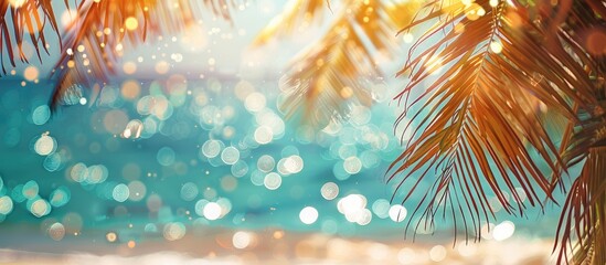 Poster - An abstract background featuring a tropical beach with blurred bokeh sunlight waves signifies an outdoor summer vacation with a vintage color tone filter effect and room for copy space image