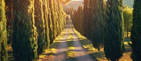 Poster - Row of thuja trees creates a picturesque pathway with copy space image