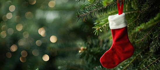 Leinwandbilder - Stocking hung on a fir tree with copy space image