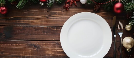 Poster - Festive table setting for Christmas and New Year holiday concept on a wooden background with an empty white plate cutlery and decorations Copy space image