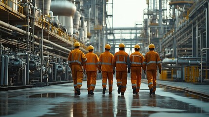 Poster - group of diversity teamwork engineers technician and workers team in safety uniform having discussion while walking through heavy industry manufacturing factory : Generative AI