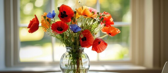 Aufkleber - A vase with a vibrant mix of spring and summer flowers including red poppies sits on a table in the living room s dining area next to a window with room for a photo. Creative banner. Copyspace image