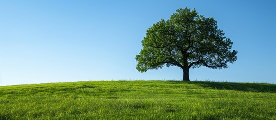 Poster - Spring landscape showcasing an oak tree in a green field under a clear blue sky ideal for featuring text or other elements in the copy space image