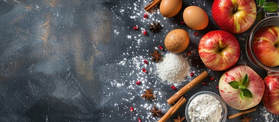 Poster - Top view of fresh apples cinnamon flour sugar and eggs on a stone background a copy space image depicting the concept of baking apple pie
