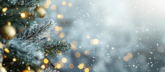 Poster - Gray background with festive Christmas tree and blurred yellow lights providing copy space image