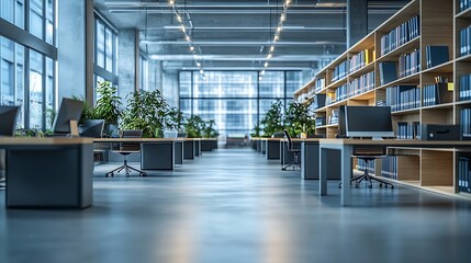 Poster - Interior of light office with modern workplaces and shelf units : Generative AI