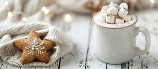 Aufkleber - Festive holiday theme featuring a white cup of hot winter beverage adorned with marshmallows and a gingerbread star on a white wooden backdrop complete with soft bokeh lights Include copy space for c