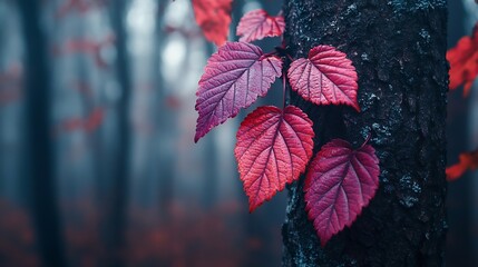 Poster - red and violet spiky leaves with veins on surface growing on tree in forest in autumn in daylight : 