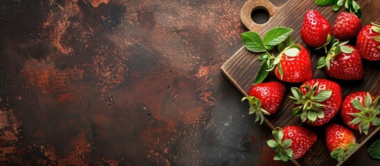Poster - Strawberry displayed on a wooden cutting board with copy space image