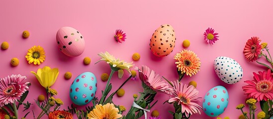 Aufkleber - Vibrant Easter eggs nestle among flowers on a pink backdrop providing a delightful copy space image for a banner styled in a flat lay