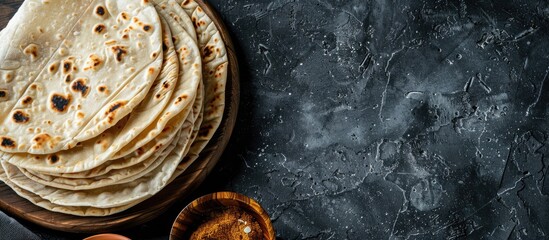 Poster - Indian chapati bread on gray backdrop highlighting vegetarian food with copy space image