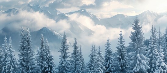 Poster - Scenic winter mountains with snow covered spruce trees against a cloudy sky Stunning copy space image