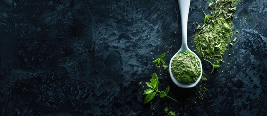 Poster - White ceramic spoon holding green matcha powder and loose tea leaves on a dark backdrop with copy space image