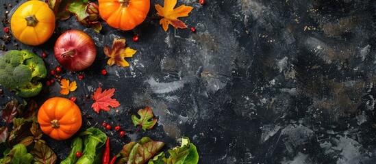 Sticker - Top view of fresh autumn vegetables for cooking on a dark background with copy space image