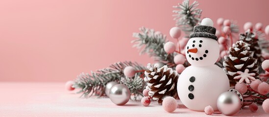 Poster - Horizontal banner with a cheerful snowman toy spruce branches cones and balls on a pink backdrop ideal for adding your own images or text. Creative banner. Copyspace image