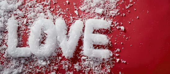 Aufkleber - LOVE text displayed on snowy surface against a red backdrop with copy space image