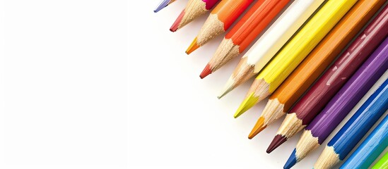 Poster - School supplies including multicolored pencils with copy space image on a white background