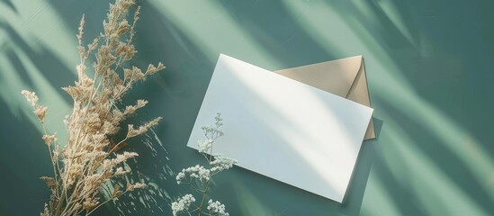 Aufkleber - Mockup featuring a white card a craft envelope and a dry flowering plant on a green surface viewed from above with space for adding images or text. Creative banner. Copyspace image