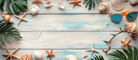 Aufkleber - Wooden boards background with horizontal lines colorful sea shells sunglasses plant branch on the right side and copy space image available