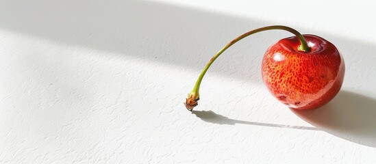 Aufkleber - A fresh and ripe cherry with its stem on a white background in bright sunlight providing a beautiful botanical copy space image
