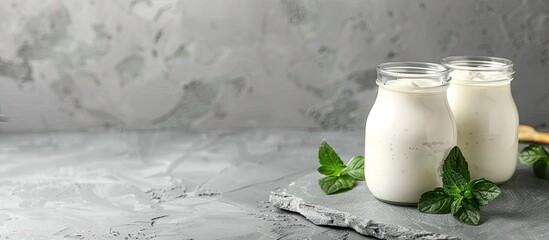 Fototapete - Greek yogurt in glass jars presented on a gray stone background with a yogurt maker Enhancing the concept of healthy food with a copy space image