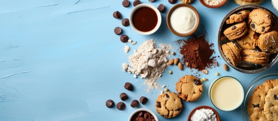 Poster - A homemade assortment of cake biscuits pie and cookies made with natural organic ingredients like cocoa flour and milk displayed on a blue background with an area for text Flat lay style