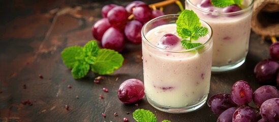Poster - Refreshing grape and yogurt smoothie garnished with slices of grapes and mint leaves featuring copy space image