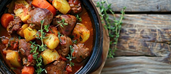 Aufkleber - Rustic image of a healthy meal snack with goulash meat stew vegetables and pork on a table outdoors offering copy space for text in a top view shot
