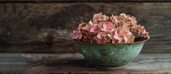 Aufkleber - A vintage autumn decoration featuring a half dried slightly faded pink hydrangea flower placed in an old green soup bowl against a dark wooden backdrop copy space image