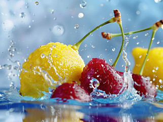 Wall Mural - Water splashing on cherries and lemons