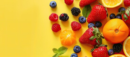 Poster - A top down view of vibrant summer fruits arranged on a bright yellow backdrop with ample space for additional images