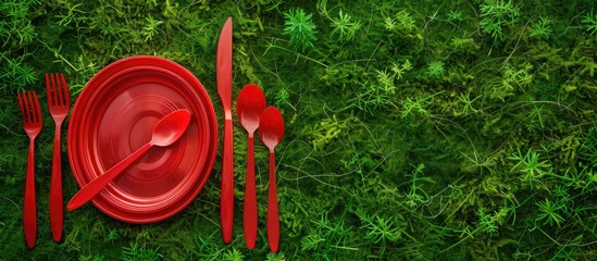 Poster - Red plastic tableware placed on green grass with a moss background in a top view setting urging the ban of single use plastic with copy space for an image