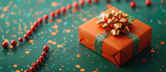 Aufkleber - A festive Christmas postcard featuring an orange gift box tied with a golden bow on a green background with confetti red beads and a focus on sales discounts and gift concepts with ample copy space i