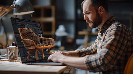 Creative man uses professional software for furniture design creation and 3D modeling working on laptop computer Designer creates digital 3D model of stylish wooden chair prepares carp : Generative AI