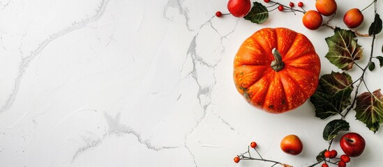 Poster - Top down view of a pumpkin displayed on a white table with an autumn themed background featuring copy space for additional images