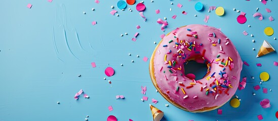 Aufkleber - Pink donut with decorative flags and confetti on blue backdrop isolated for copy space image