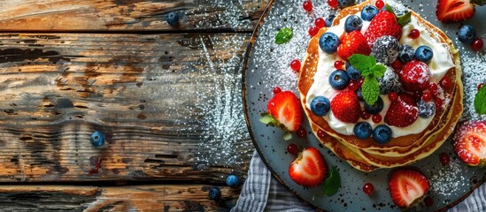 Wall Mural - Pancakes topped with berries and cream on a plate with copy space image