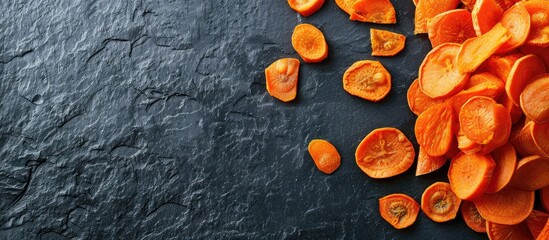 Poster - Sliced dried carrots make a healthy vegan snack option with ample copy space image potential
