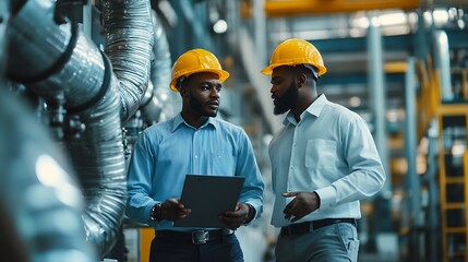 Wall Mural - Two Professional Heavy Industry Engineers Wearing Hard Hats at Factory Walking and Discussing Industrial Machine Facility Working on Laptop African American Manager and Technician at W : Generative AI