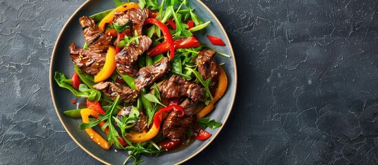 Poster - Stir fried Chinese beef and yellow paprika dish on a plate with copy space image