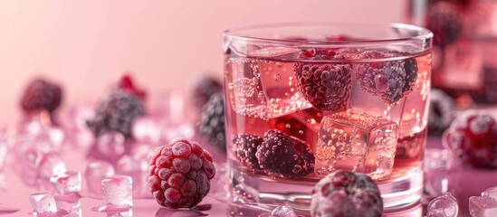 Poster - Copy space image featuring a glass filled with mulberry and mulberry infused ice cubes